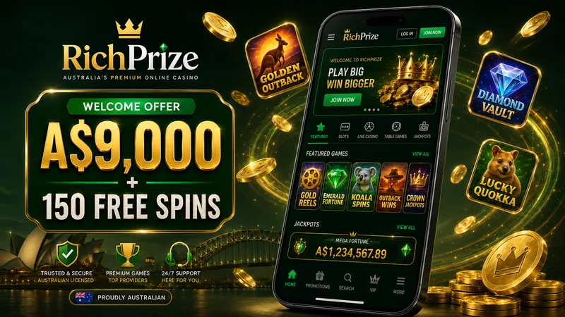 RichPrize casino lobby displayed in Australian dollars on desktop and mobile