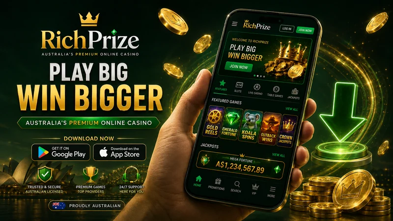 RichPrize mobile app running on an Android phone showing the pokies lobby and account balance in Australian dollars