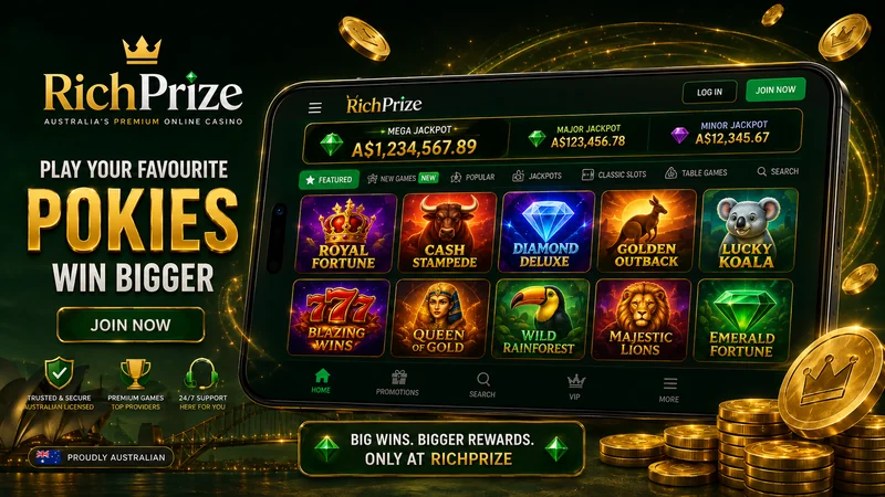 RichPrize pokies lobby showing category filters and provider tiles on a desktop screen