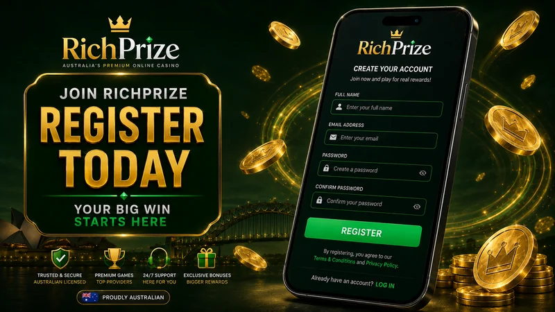RichPrize sign-up form for Australian players showing email, password and AUD currency selection fields