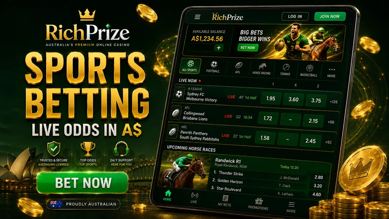 RichPrize sportsbook interface with live odds and bet slip for Australian sports