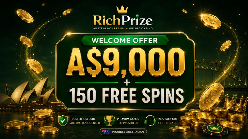 RichPrize welcome bonus panel showing A$9,000 package and 150 free spins for Australian players